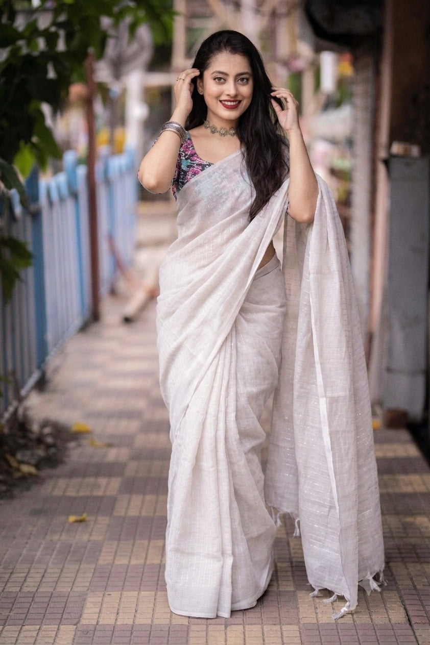 Women's Grey Soft Linen Sequence Embroidery Saree