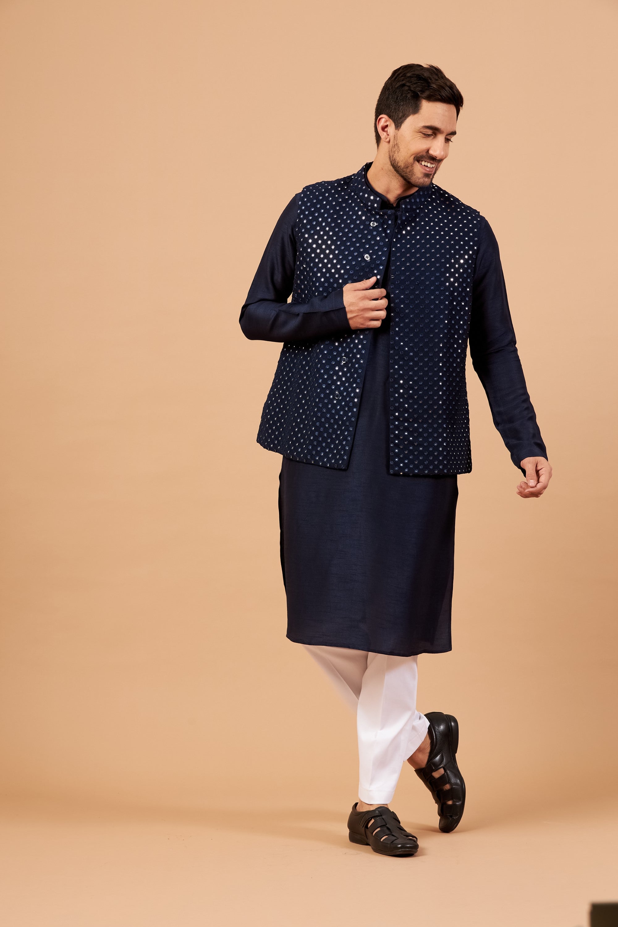 Men's Blue Color Nehru Jacket With Kurta Pant Set