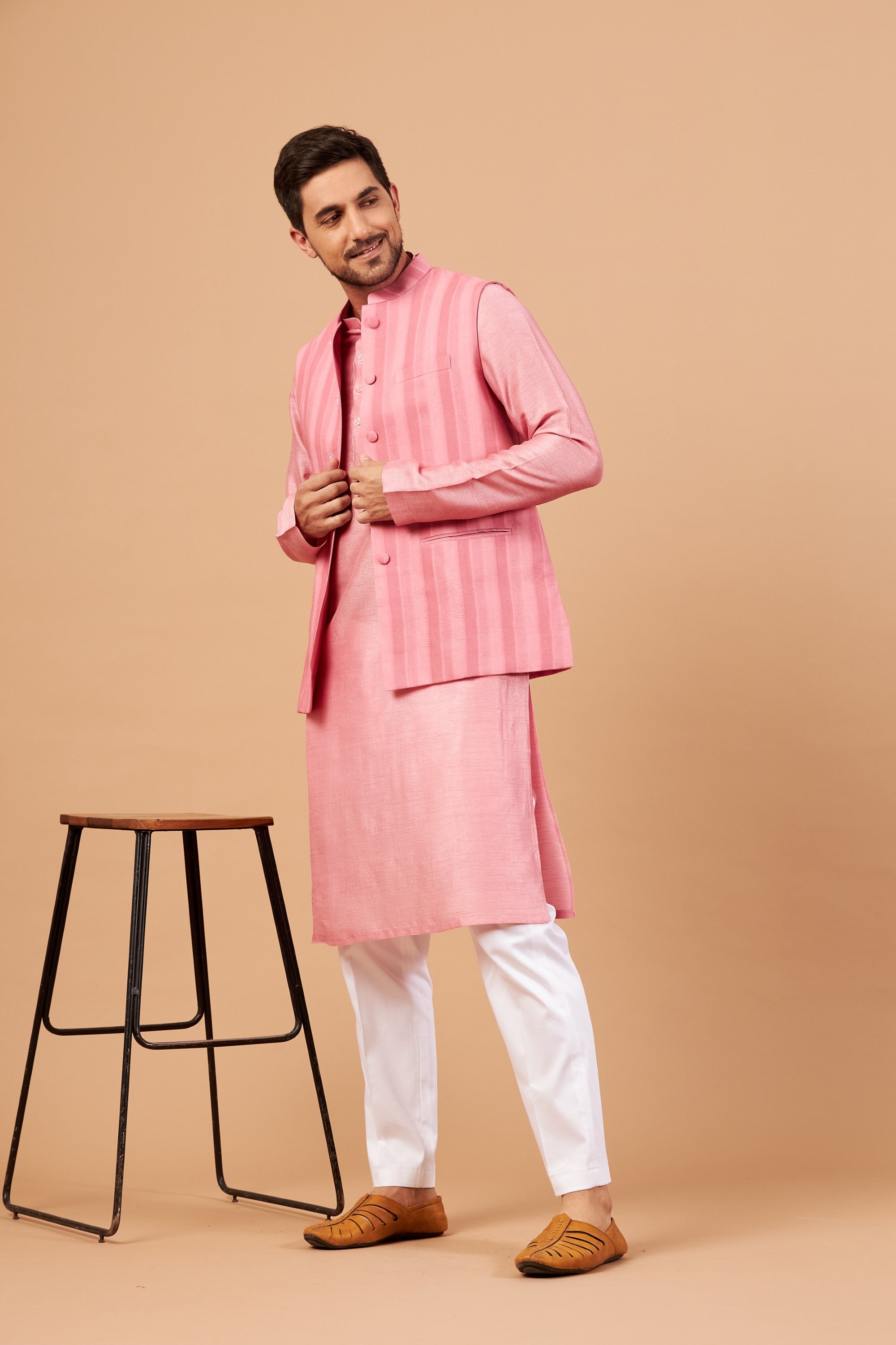 Men's Pink Color Nehru Jacket With Kurta Pant Set