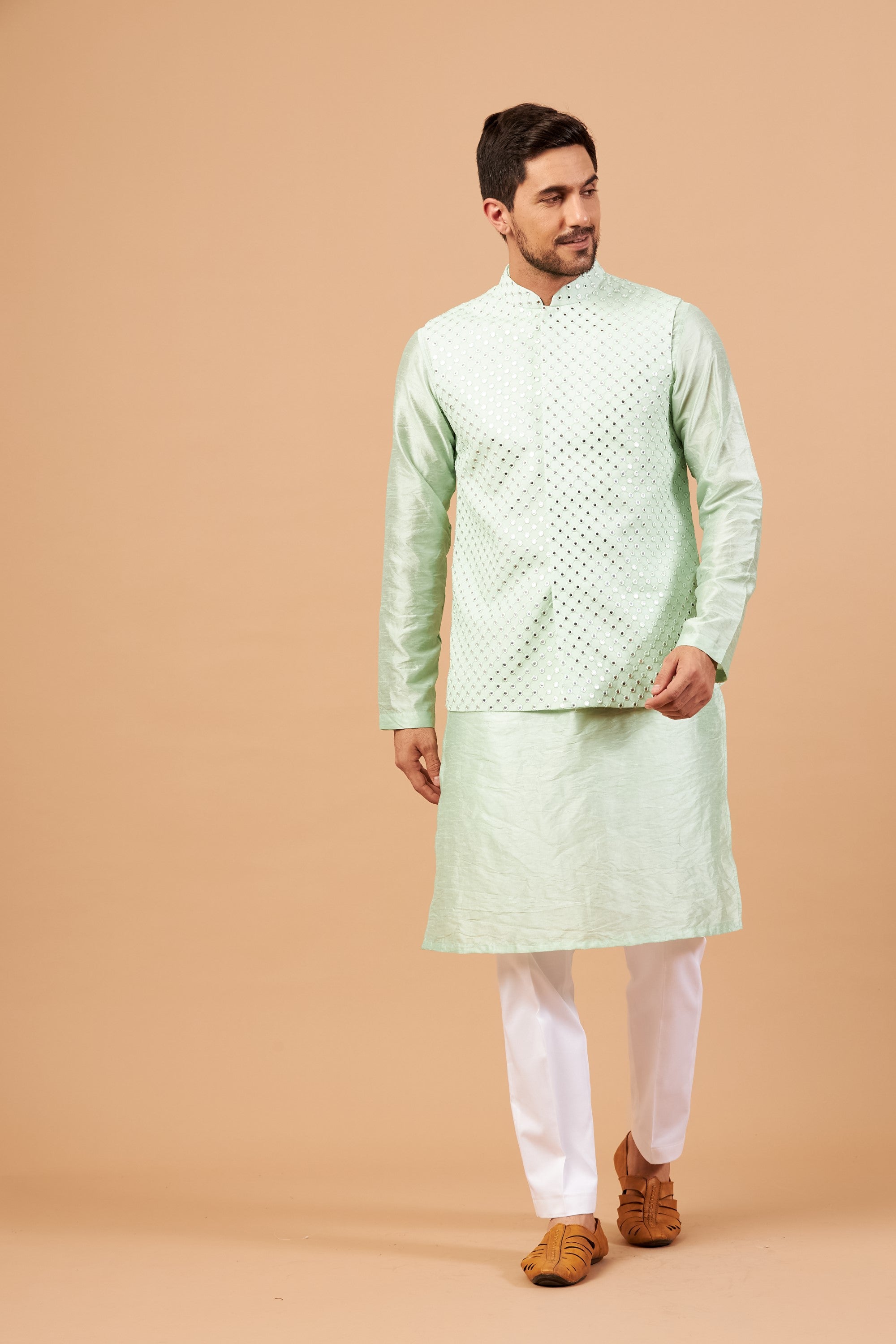 Men's Green Color Nehru Jacket With Kurta Pant Set