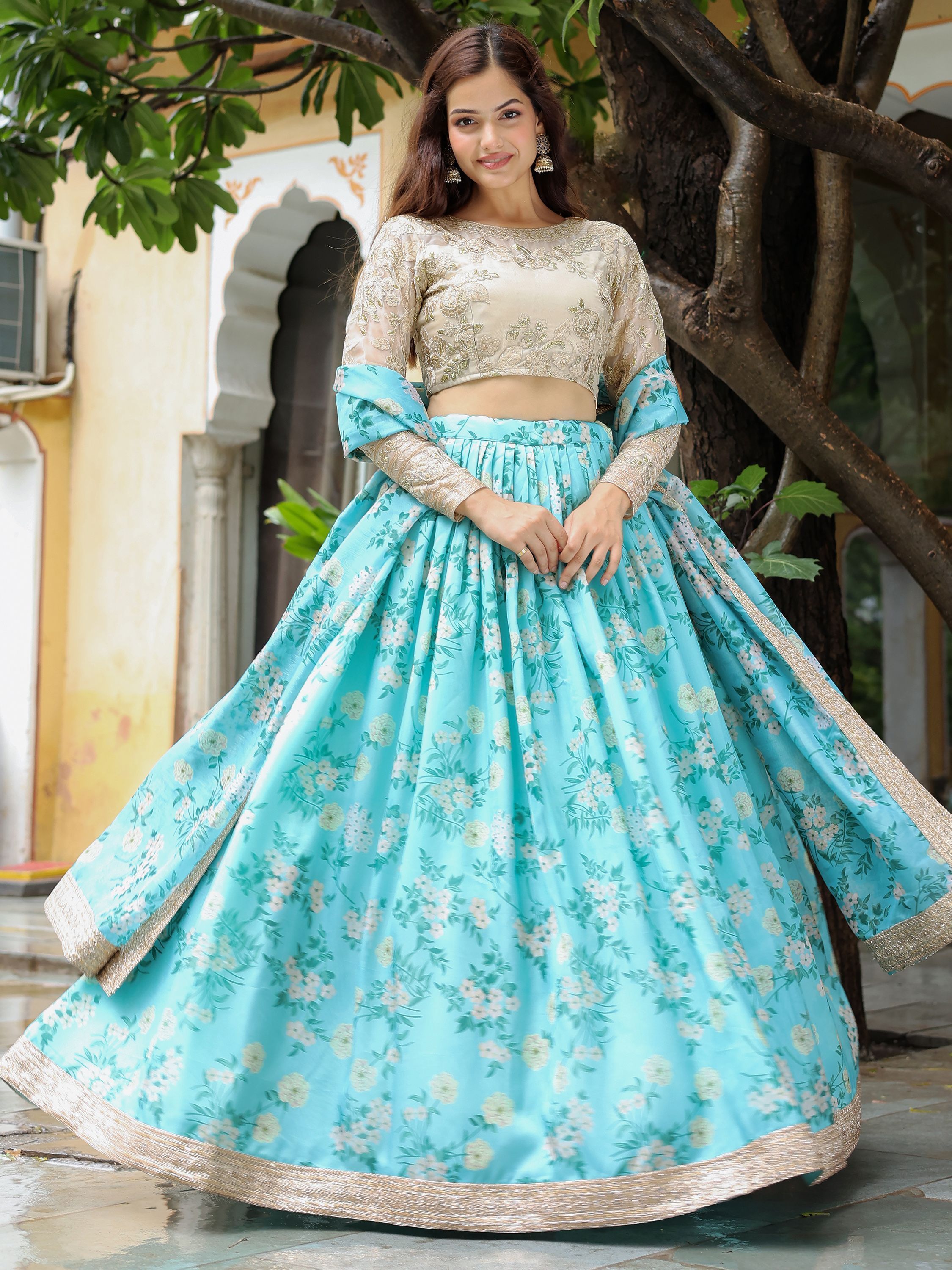 organza dress lehenga Whimsical Garden Elegance - Powder Blue Floral Embroidered Organza Lehenga Palkhi Fashion