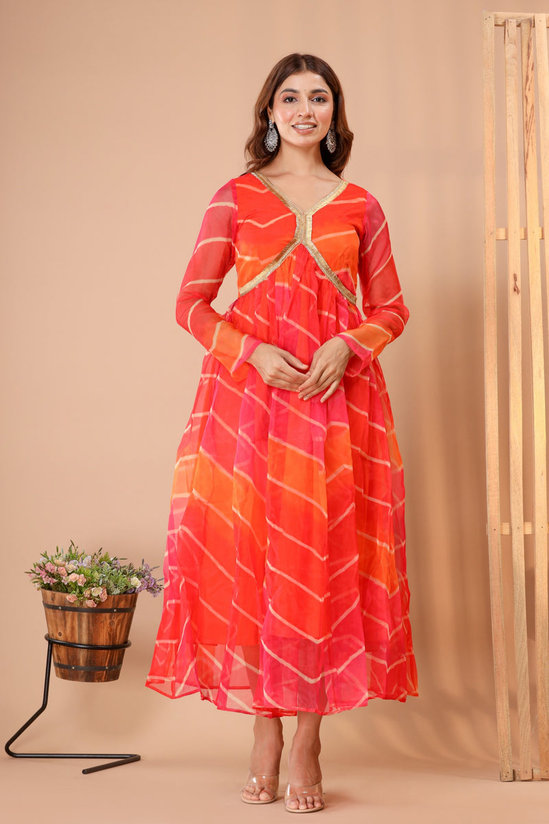 Women's Leheriya Organza Gown Dress With Dupatta Saras The Label