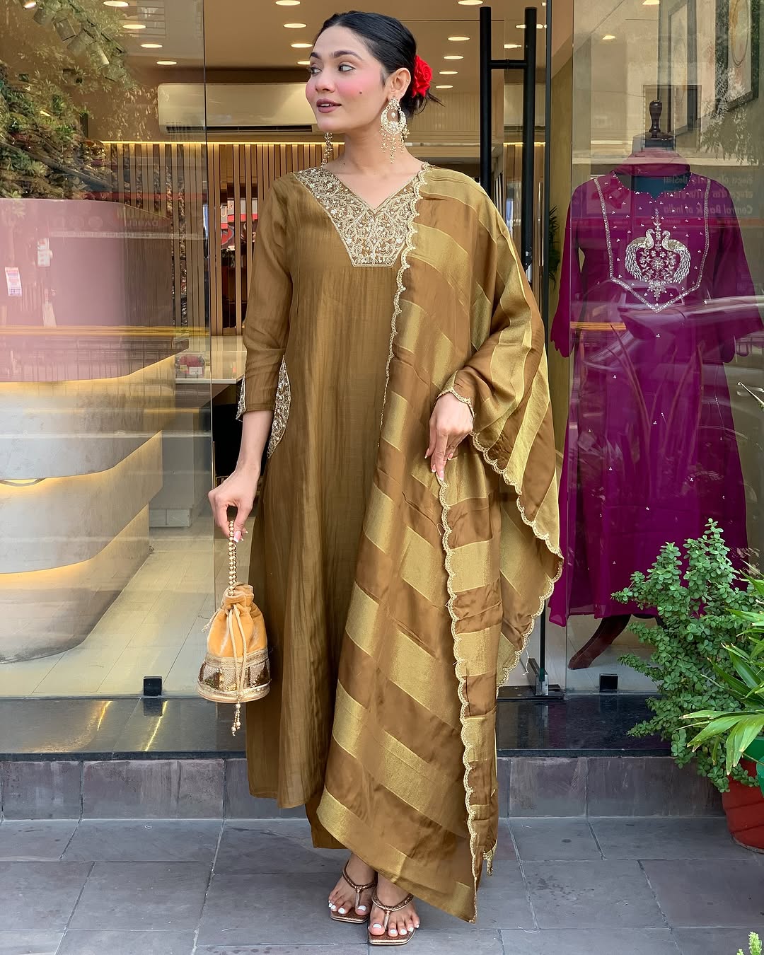 Women's Mehendi Embroidered Kurta With Pant And Duppata Set