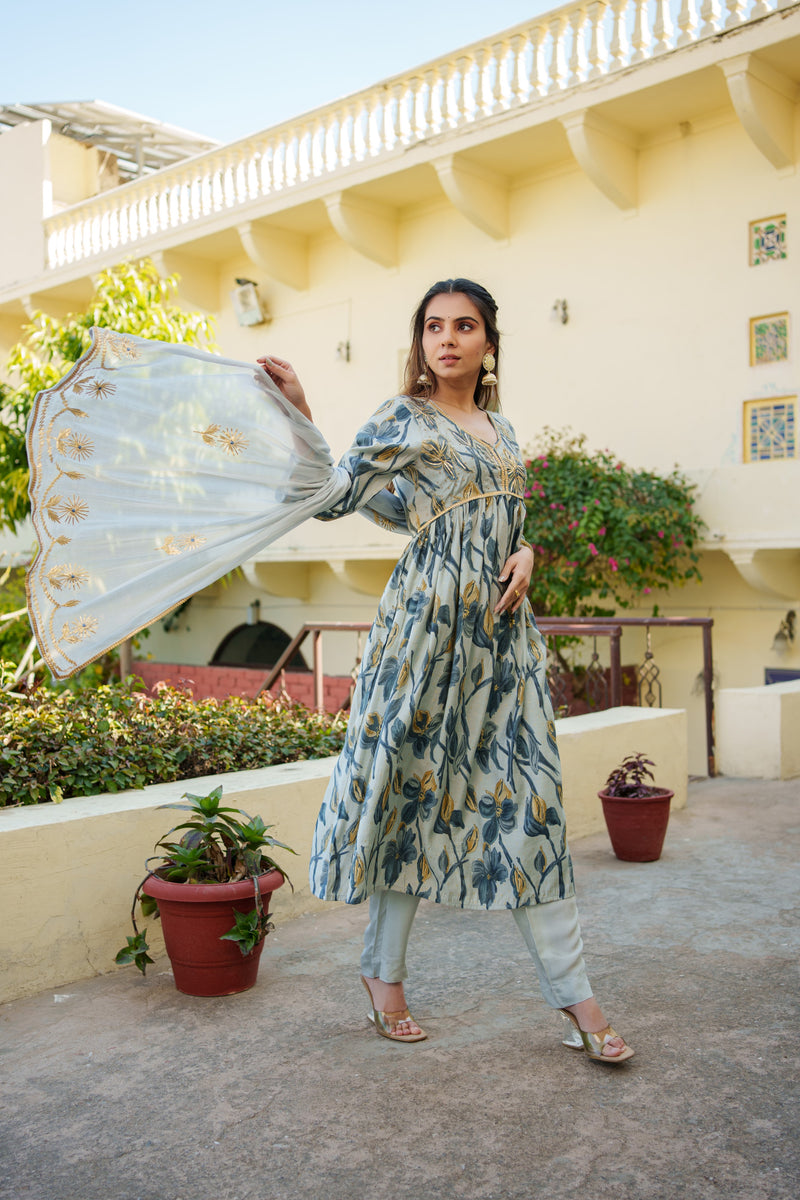 Women Blue Silk Hand Embroidered & Digital printed Muslin kurta with pant &  Printed Dupatta