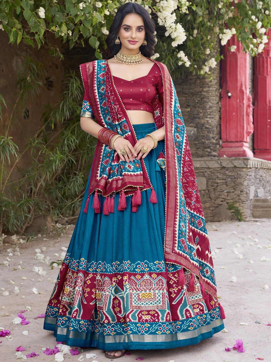 Teal blue patola printed fancy silk cotton unstitched salwar material(thin fabric, lining needed)purple printed fancy silk cotton bottom, printed fancy silk cotton full length dupatta with tassels. CODE MR250105 main image 1
