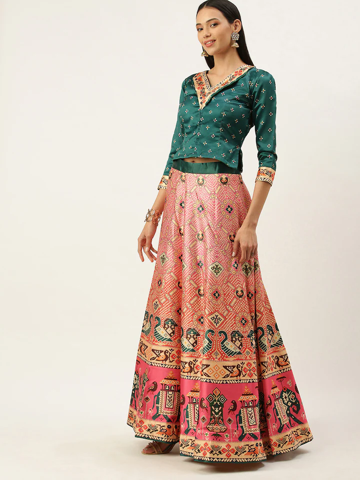Women's Bandhni Patola Type Digital Print Shiney Satin Croptop Lehenga Choli With Unstitched Blouse