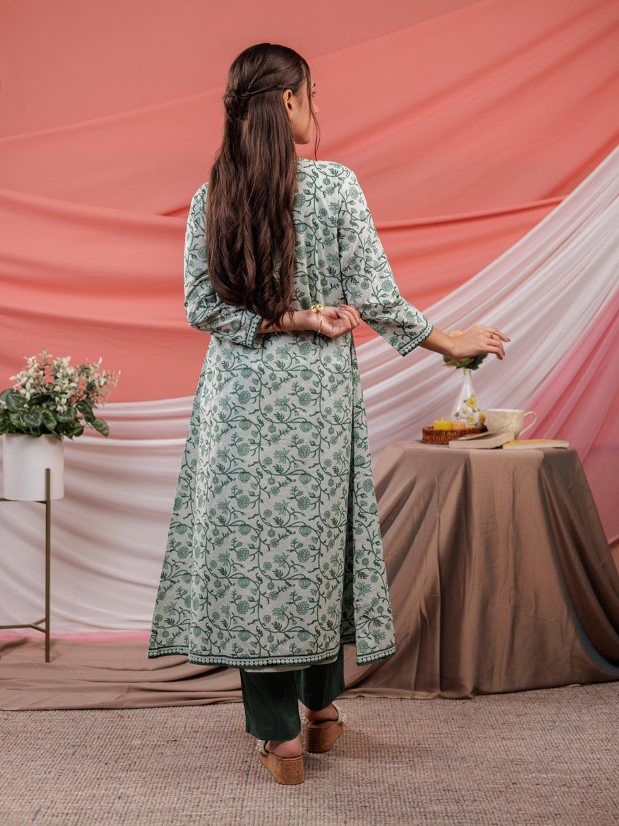 Indibelle Cotton Floral Print Front Open A-Line Kurta Set