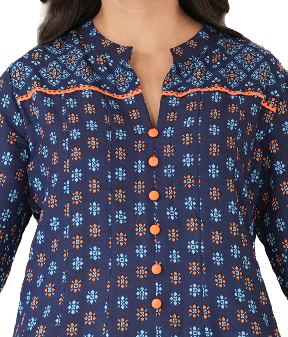 Womens Blue Rayon Rajwadi Print Kurta