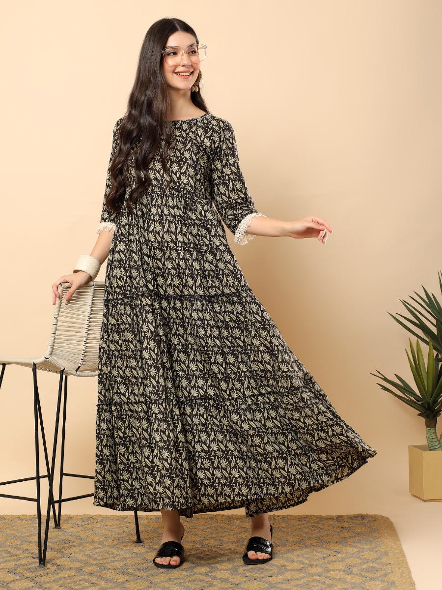 Women's Black Cotton Printed & Hand Embroidery Work Long Dress Black / 40