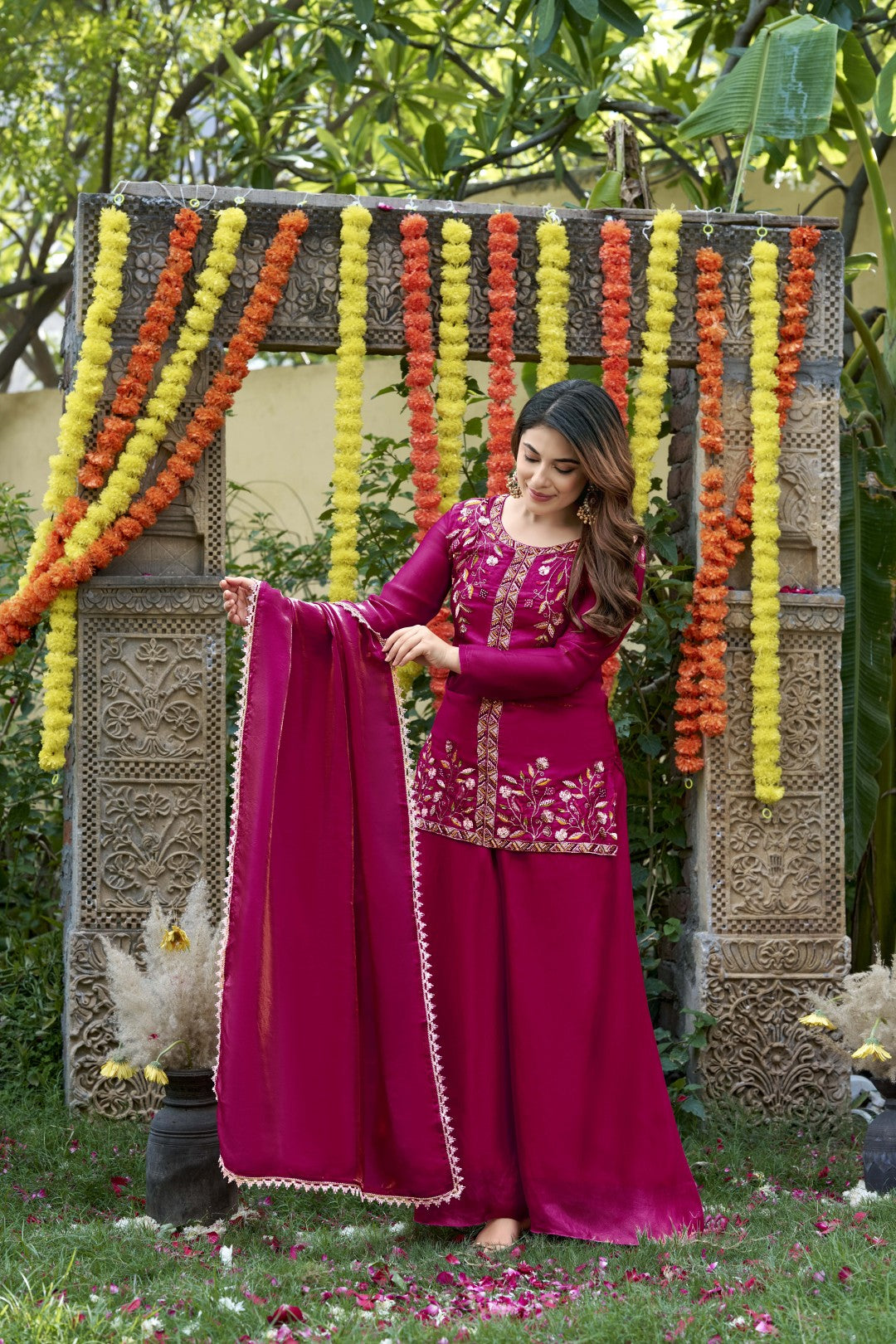Women's Magenta Fendy Satin Embroidery Straight Palazzo Set