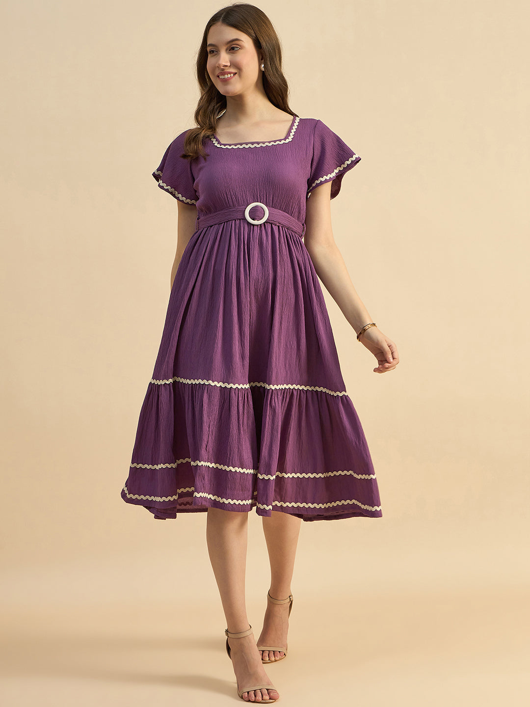 purple polyester dress Purple Fit and Flare Maxi Dress in Polyester with V-Neck and Long Sleeves