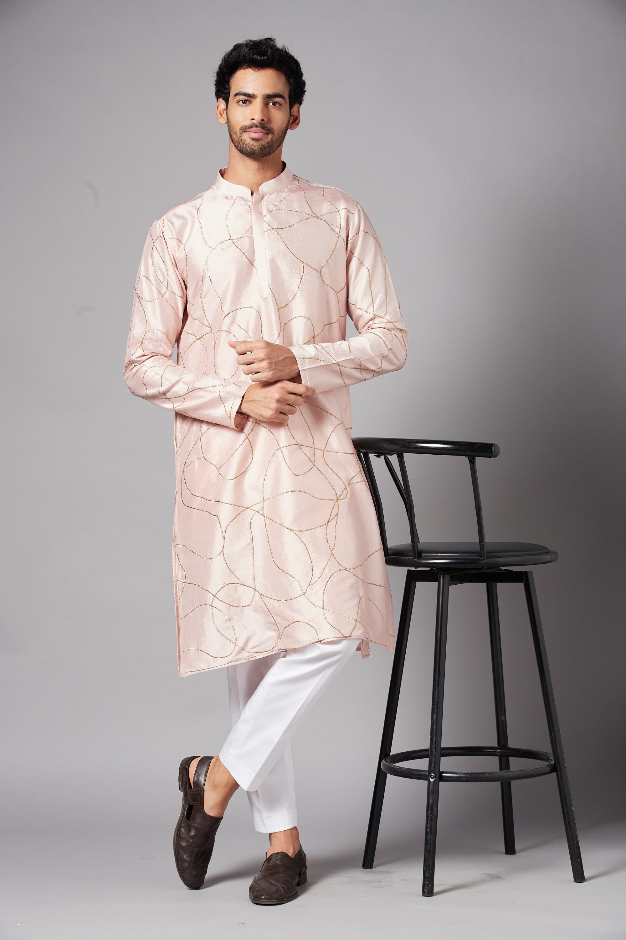 Men's Peach Color Ilara Gold Zari Abstarct Embroidered Kurta Dupion
