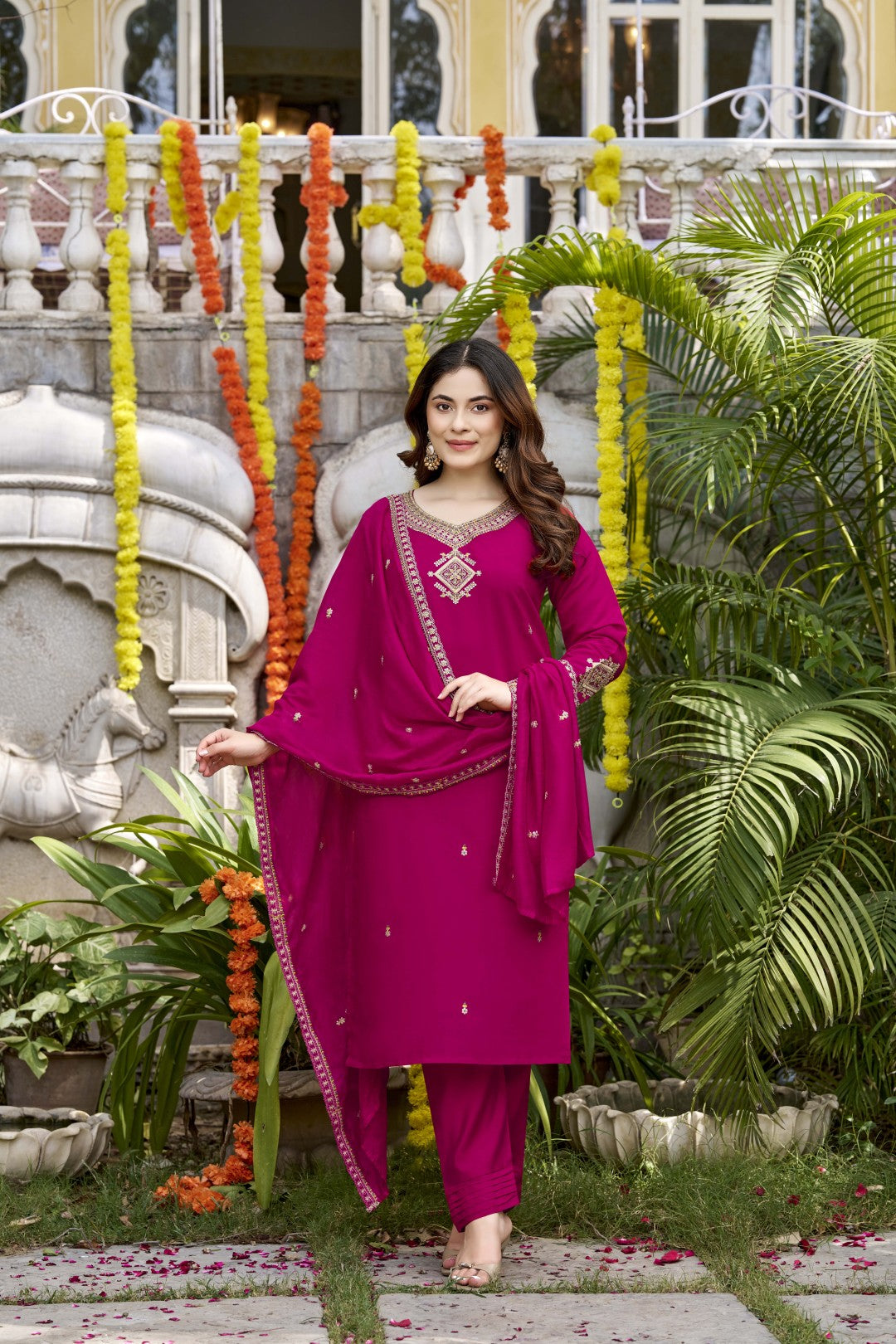 Women's Magenta Viscose Chanderi Embroidery Straight Kurta Set