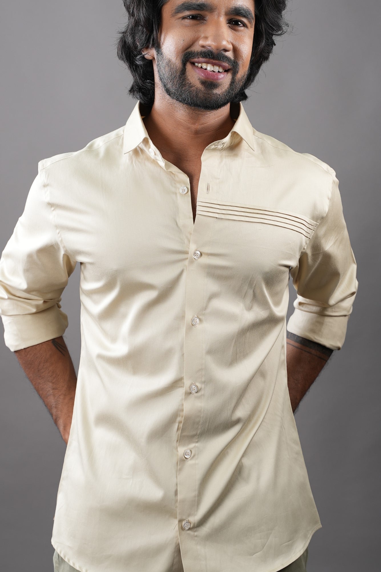 Men's Biege Color Crema Pintuck Shirt Full Sleeves Casual Shirt