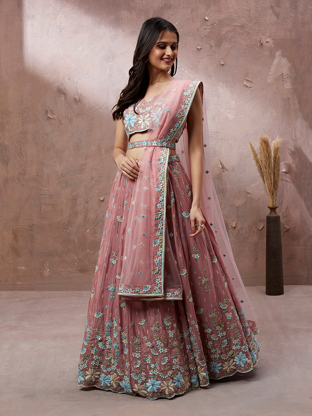 Women's Coral Georgette Sequins With Heavy Zarkan Embroidery Ready To Wear Lehenga Choli & Dupatta