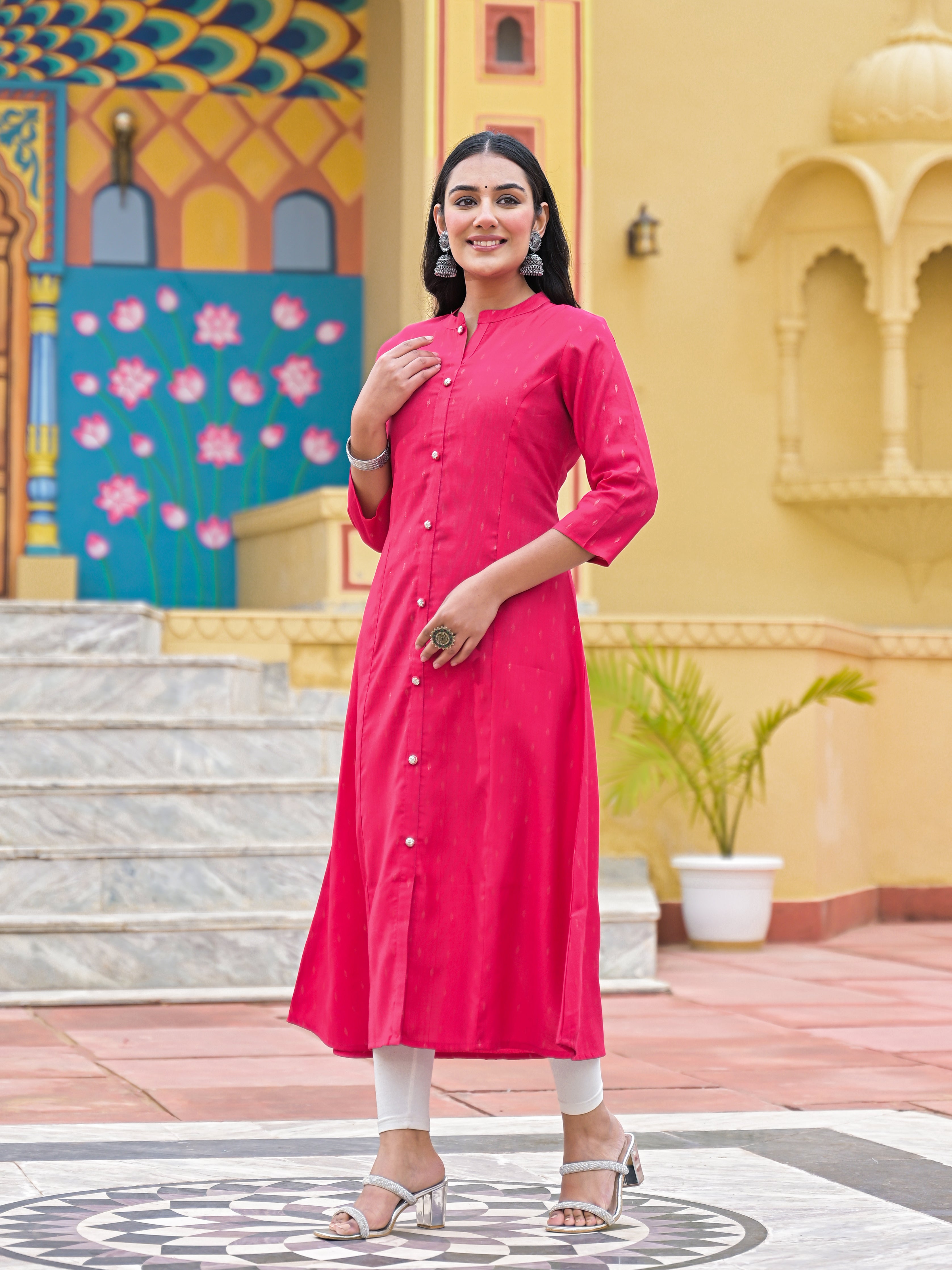 Women's Pink Cotton Printed A Line Kurta – Trendia