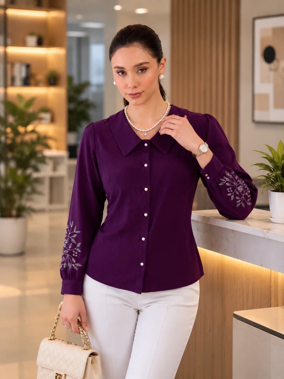 Women's Purple Embroidered Peter Pan Collar Shirt, XS / Purple