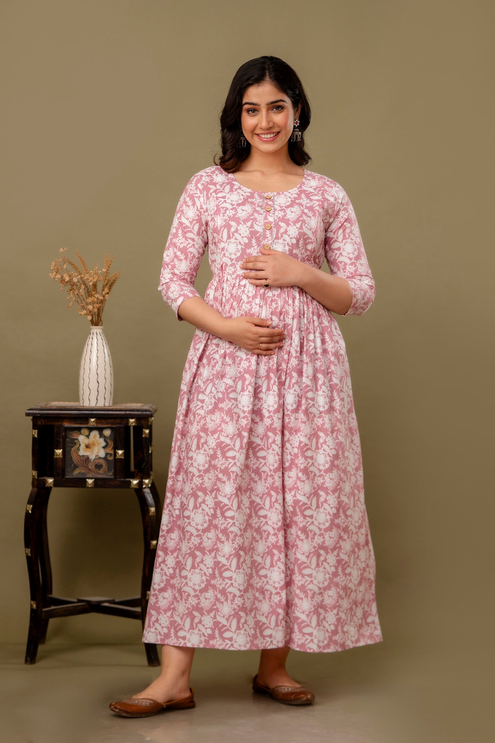 Women's Peach Cotton Printed Maternity Dress, Peach / M