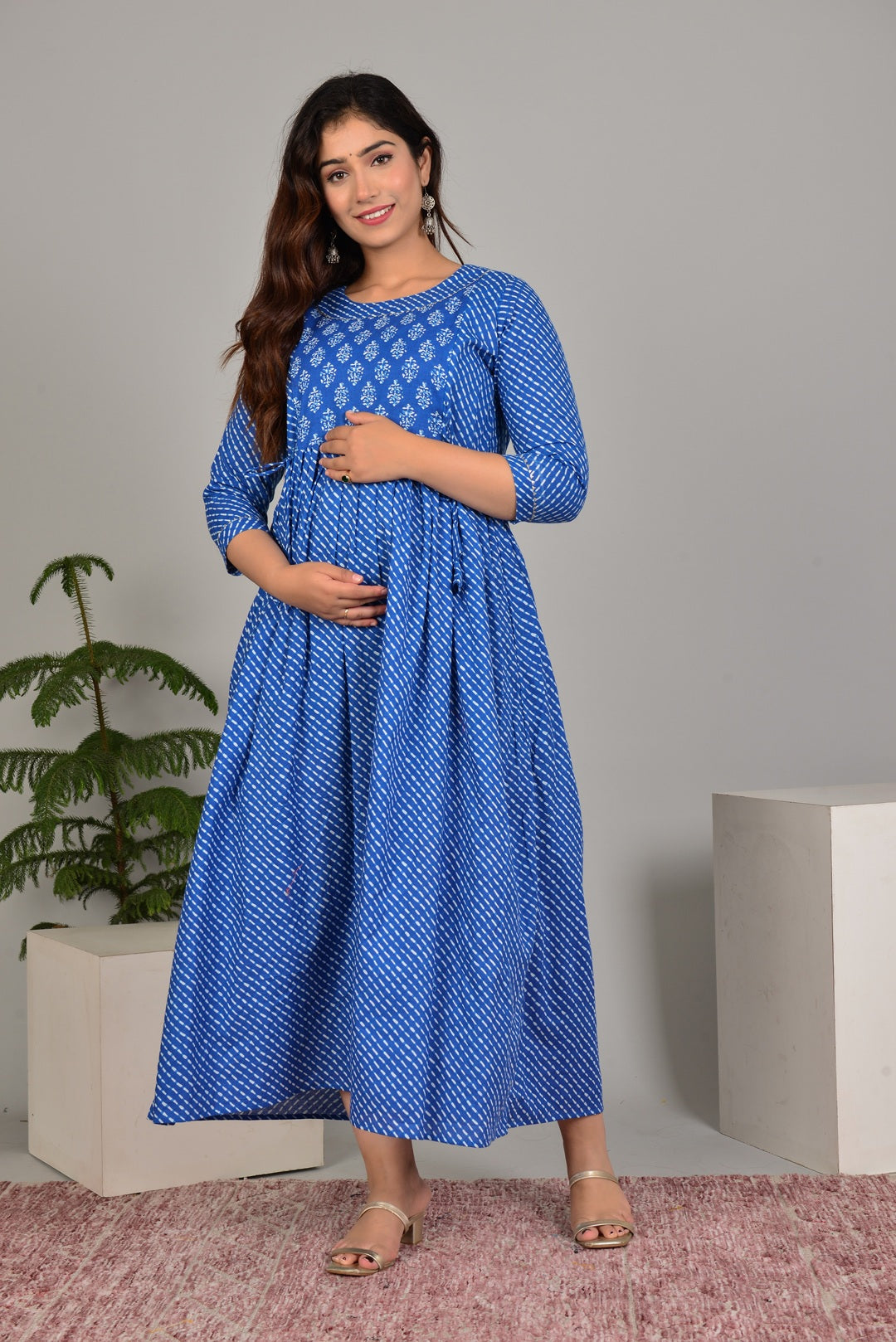 Women's Blue Cotton Printed Maternity Dress Blue / 2XL