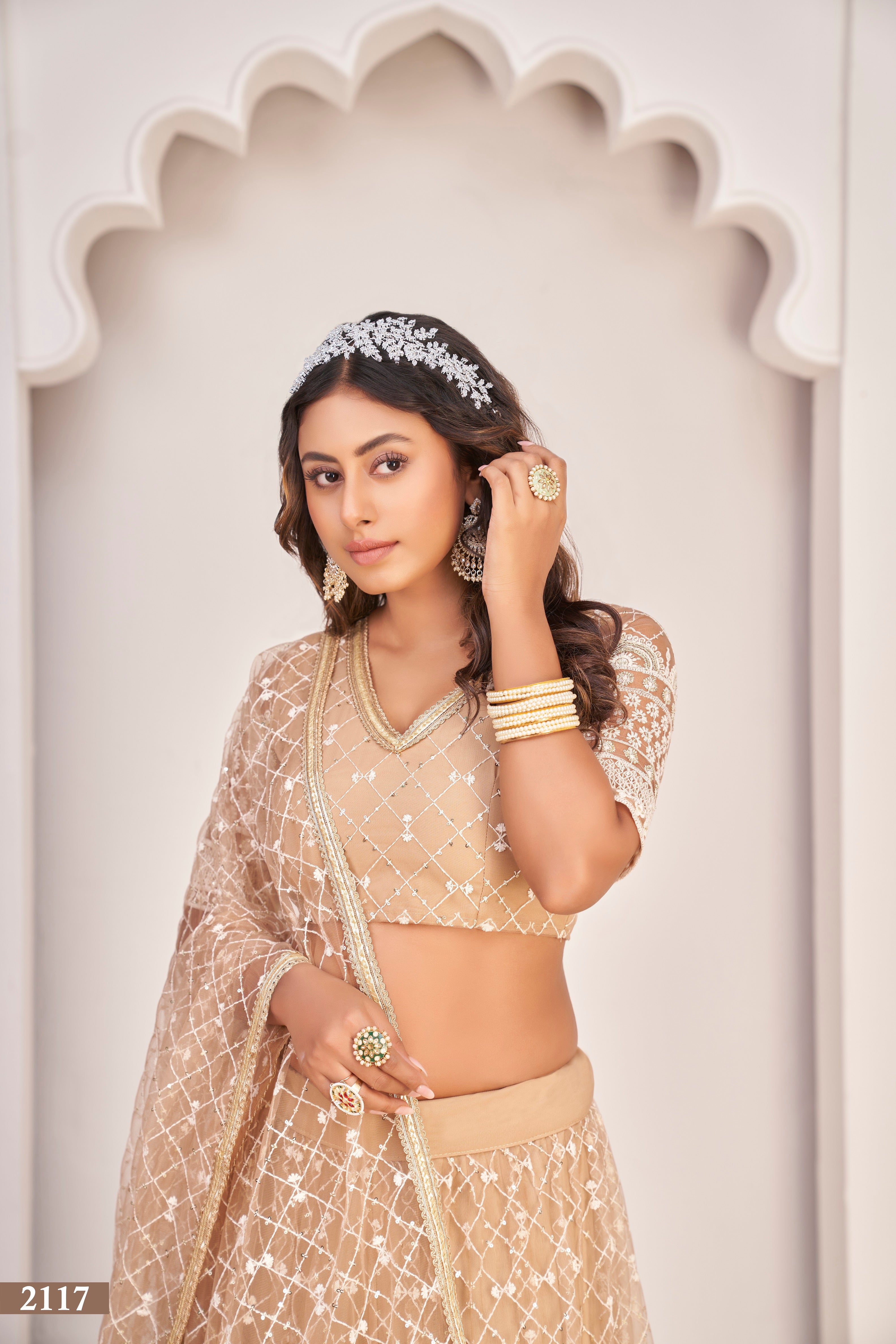 Women's Dusty Chiku Net Thread Embroidery Lehenga Set