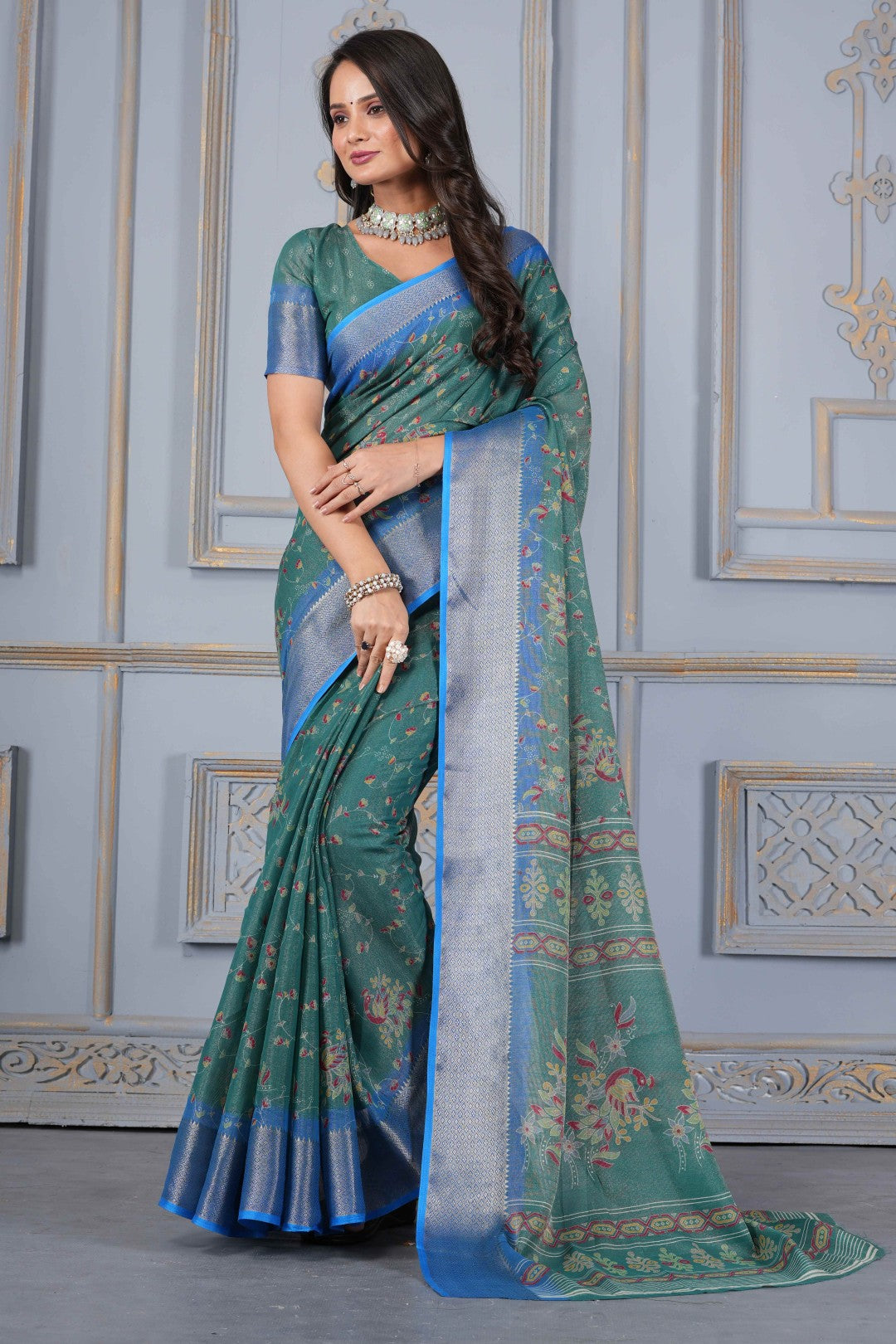Women's Green Slub Silk Zari Saree