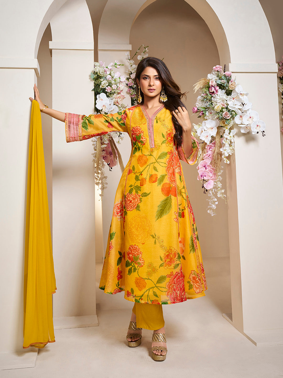 Bhama Couture Jennifer Winget Yellow Colour Floral Printed Flared Anarkali Kurta with Palazzos Dupatta. XS
