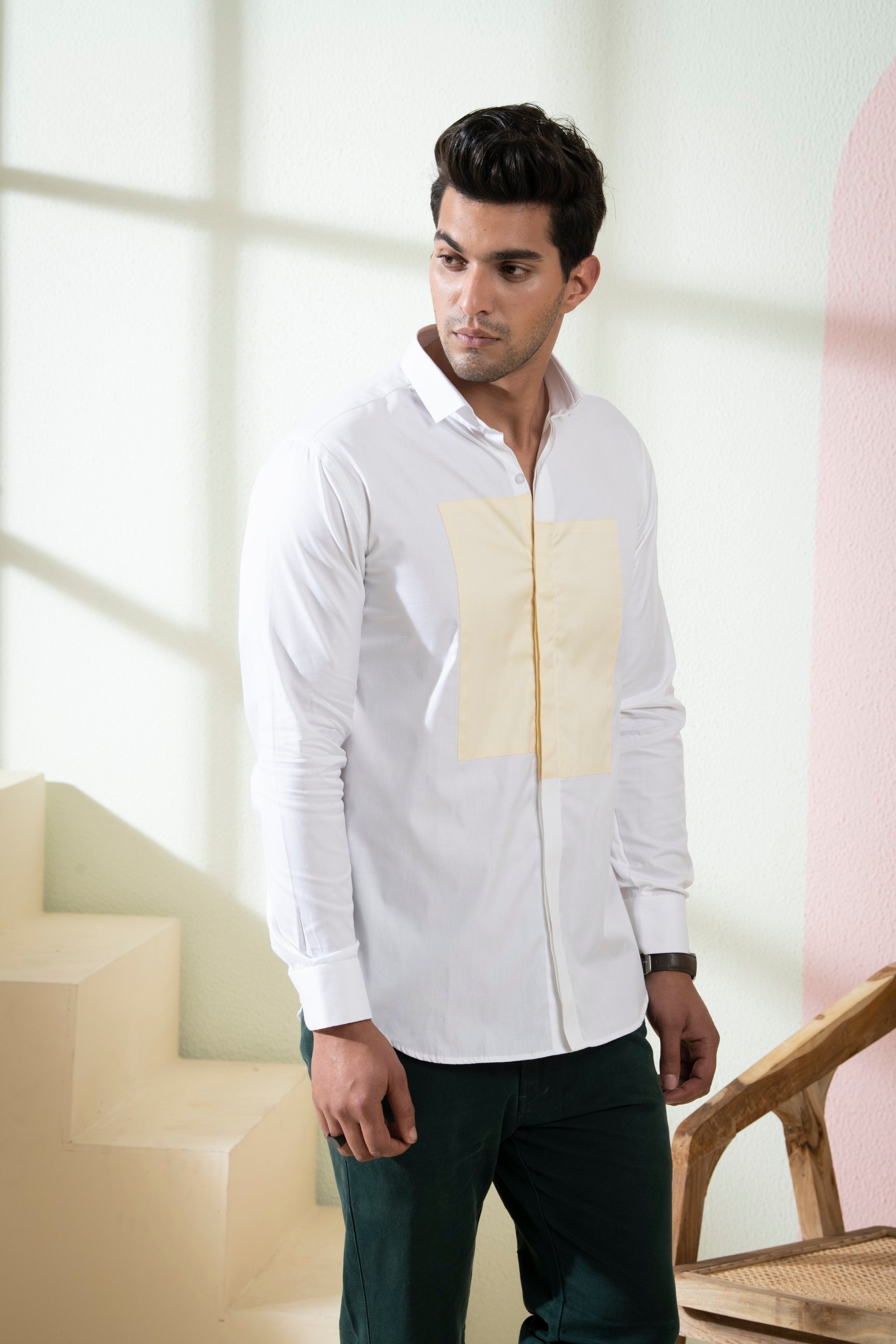 Men's White & Yellow Color Lolin Full Sleeves Shirt