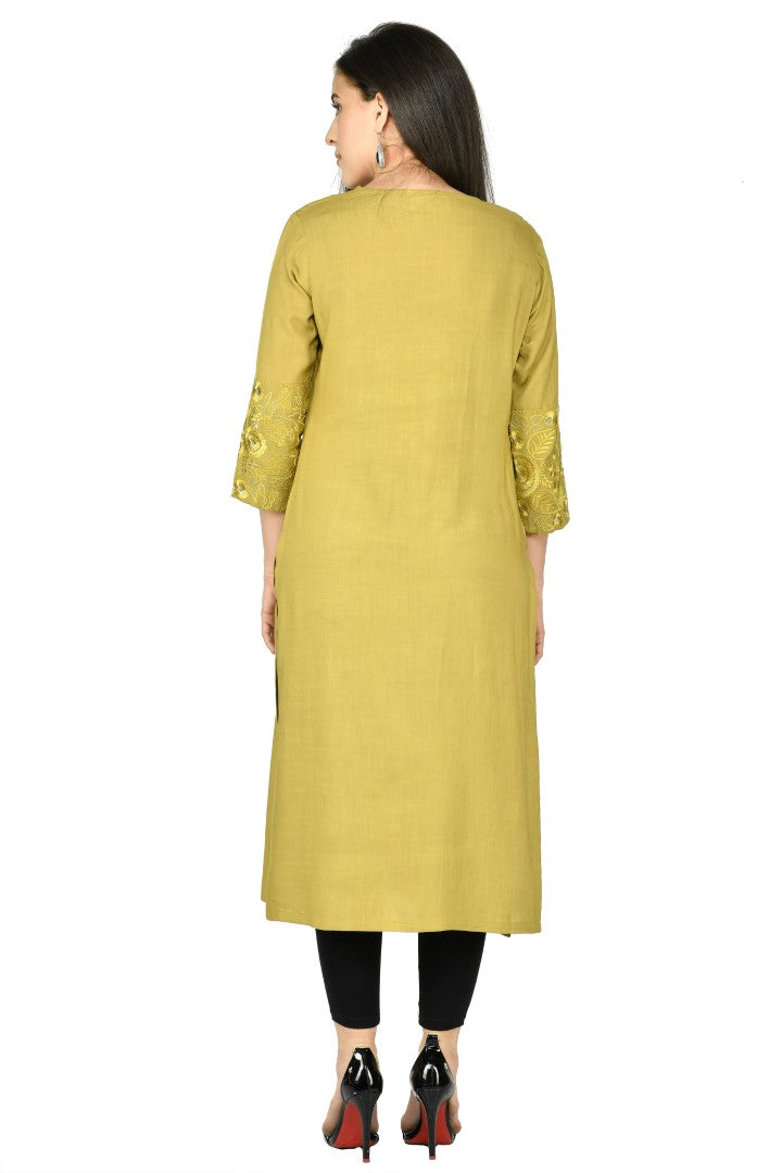 Women's Mehendi Cotton Rayon Embroidery Kurta Set