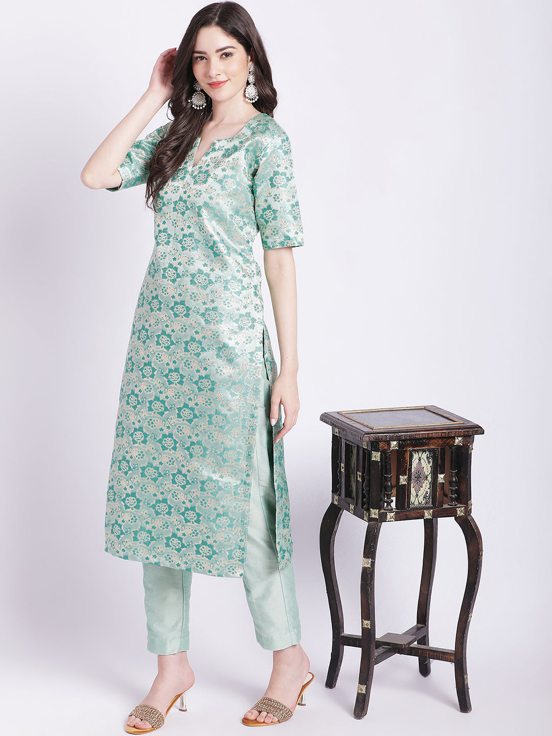 Women's Aqua Green Banarsi Straight Kurti With Pants