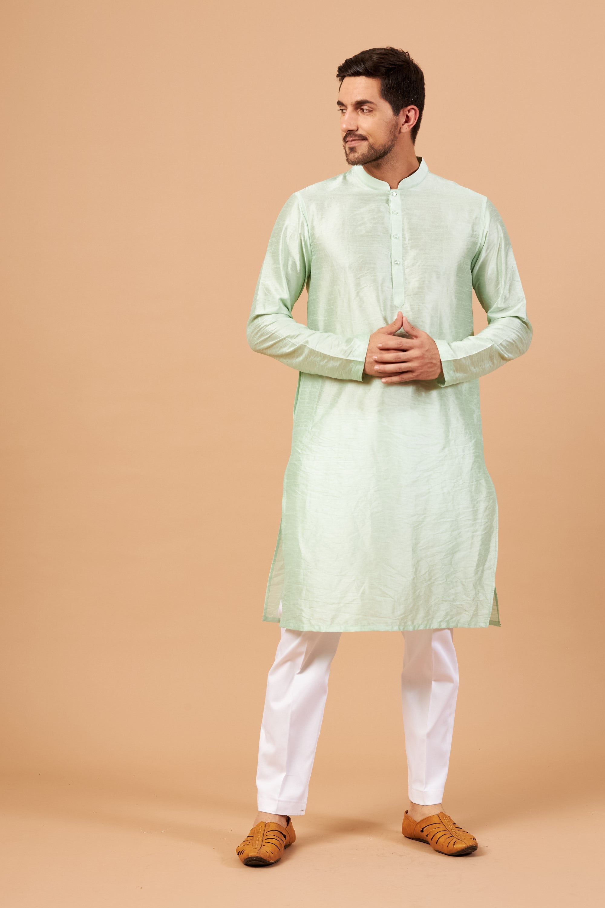 Men's Pastel Green Colorpalin Kurta Falling Raw Silk