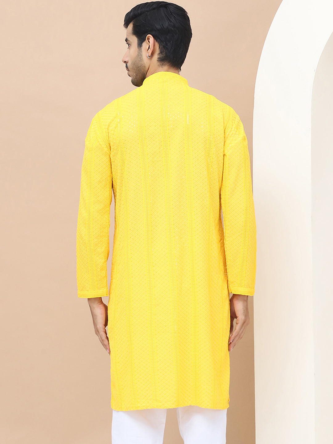 Men's Yellow Viscose Rayon Embroidered Kurta