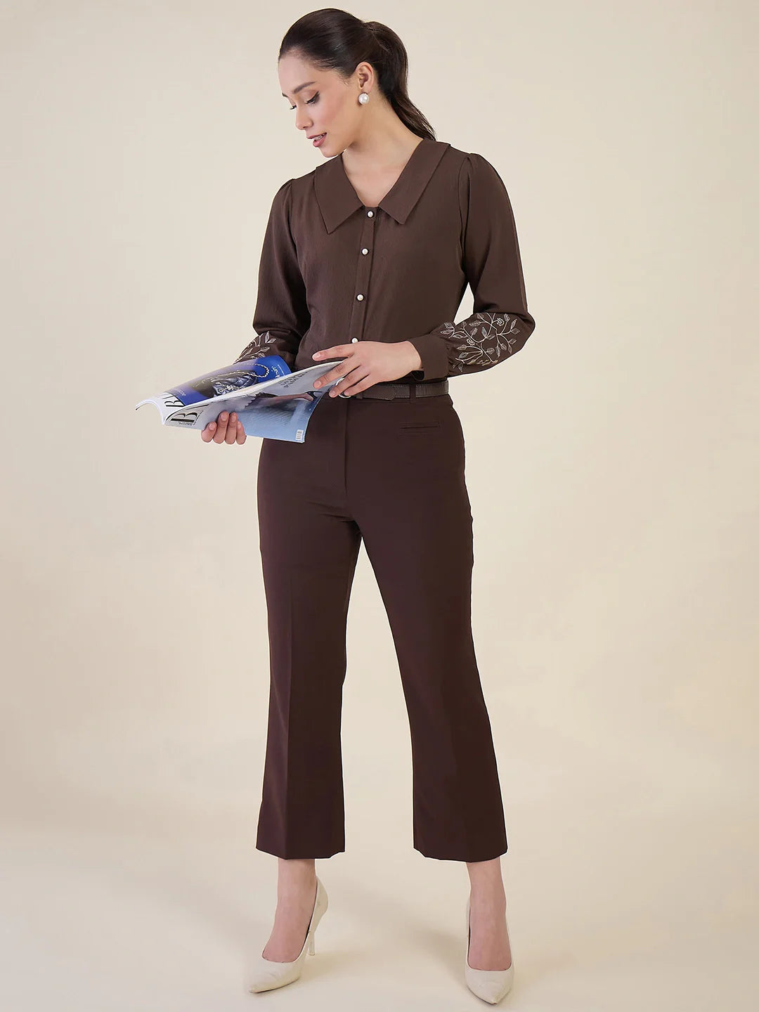 Women's Brown Embroidered Peter Pan Collar Shirt