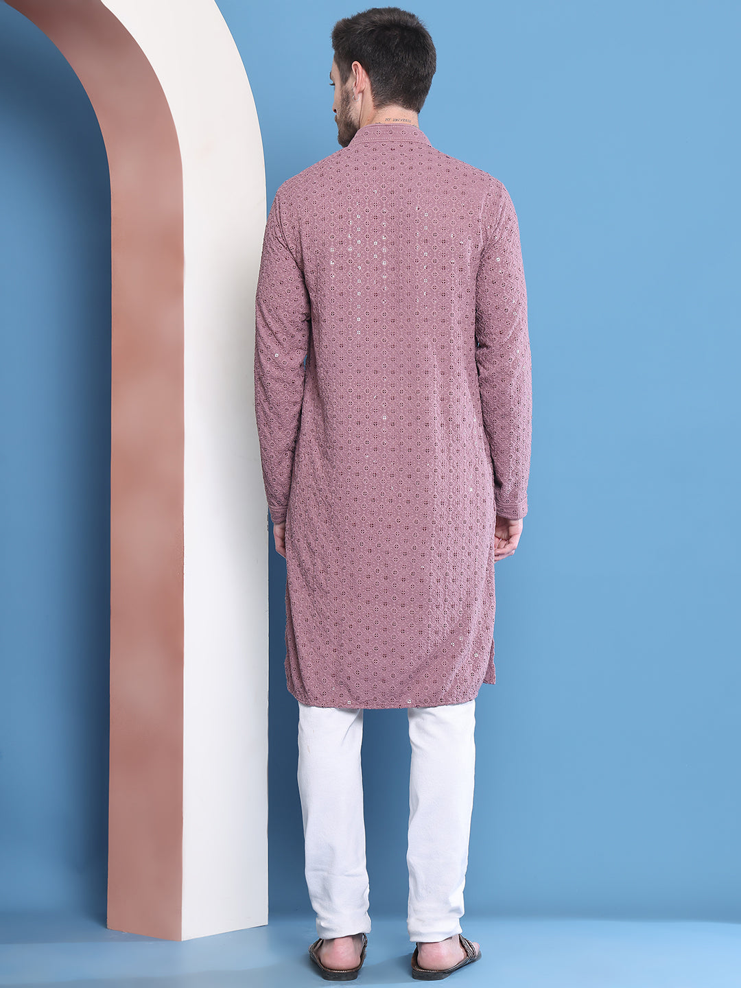 Men's Purple Viscose Rayon Embroidered Kurta