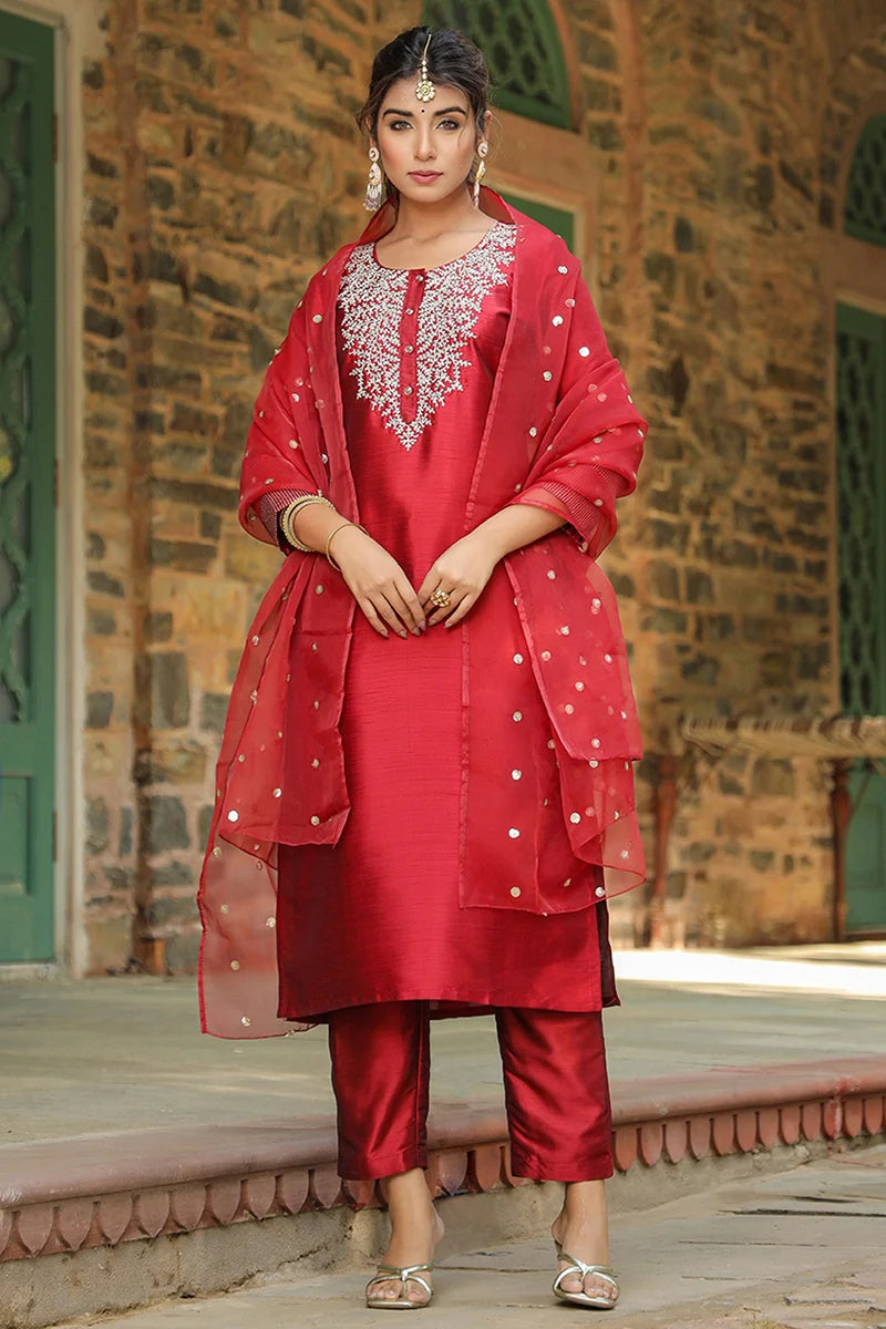 Women's Poly Silk Yoke Design Kurta Pant With Dupatta