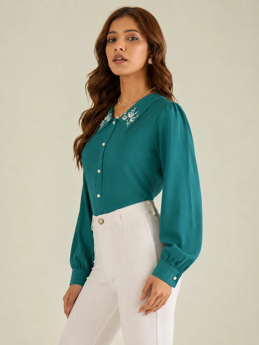 Women's Teal Embroidered Collar Shirt