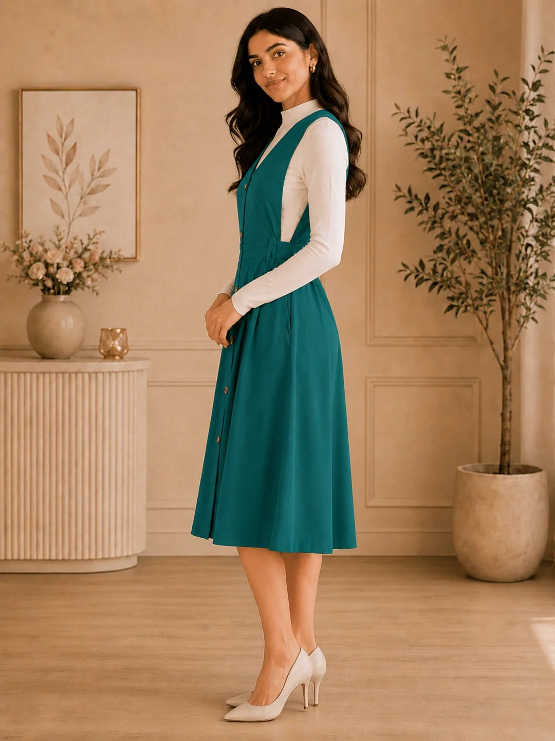 Women's Solid Teal Button-Down Pinafore Dress