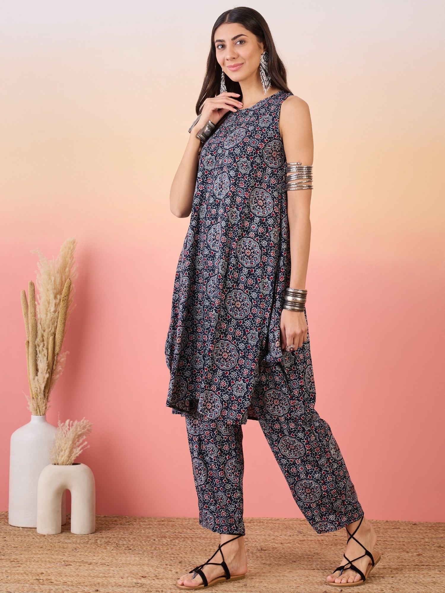 Women's Navy Maroon Ajrakh Foil Round Neck Kurta Pant Set