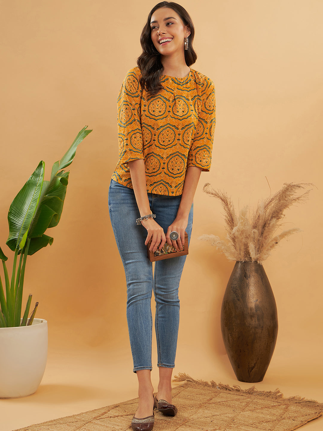 Women's Haldi Yellow Mughal Kalamkari Top