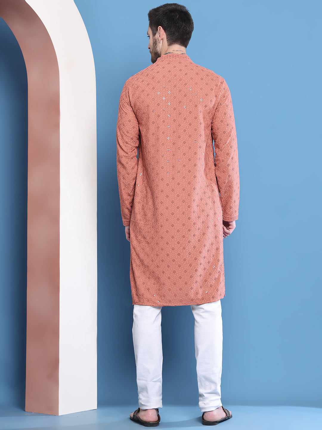Men's Peach Viscose Rayon Embroidered Kurta