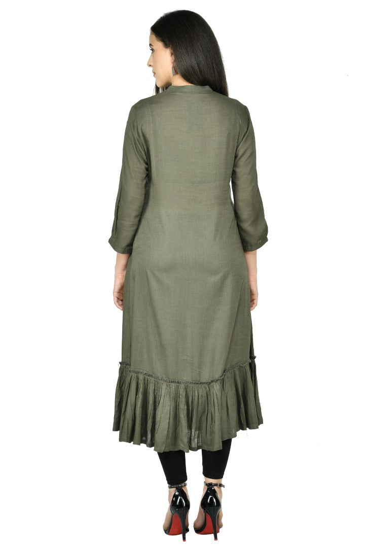 Women's Olive Cotton Rayon Embroidery Tunic