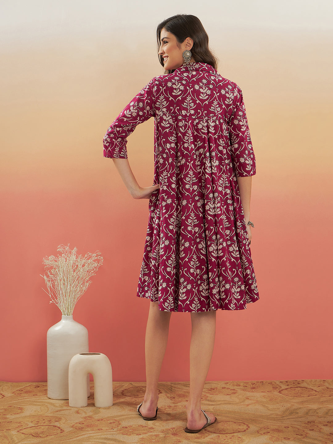 Women's Wine Cream Floral Print Flared Dress