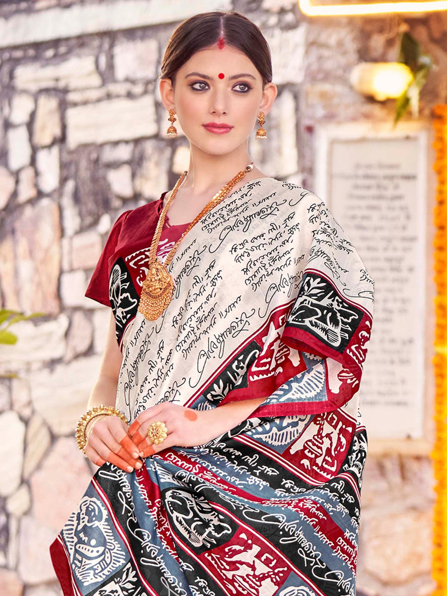 Women's Viscose Silk Off White Printed Designer Saree With Blouse Piece main image 0