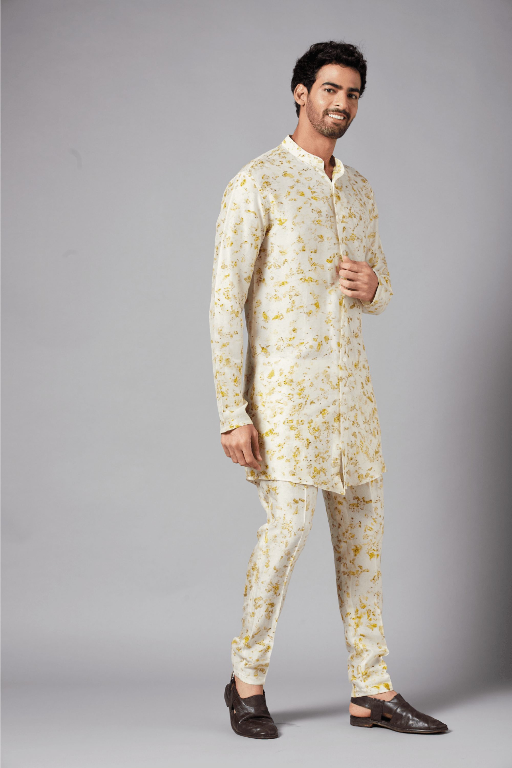 Men's Mighty Natural Dye Kurta With Crop Pants Coord Set (Marigold Dried Flowers)