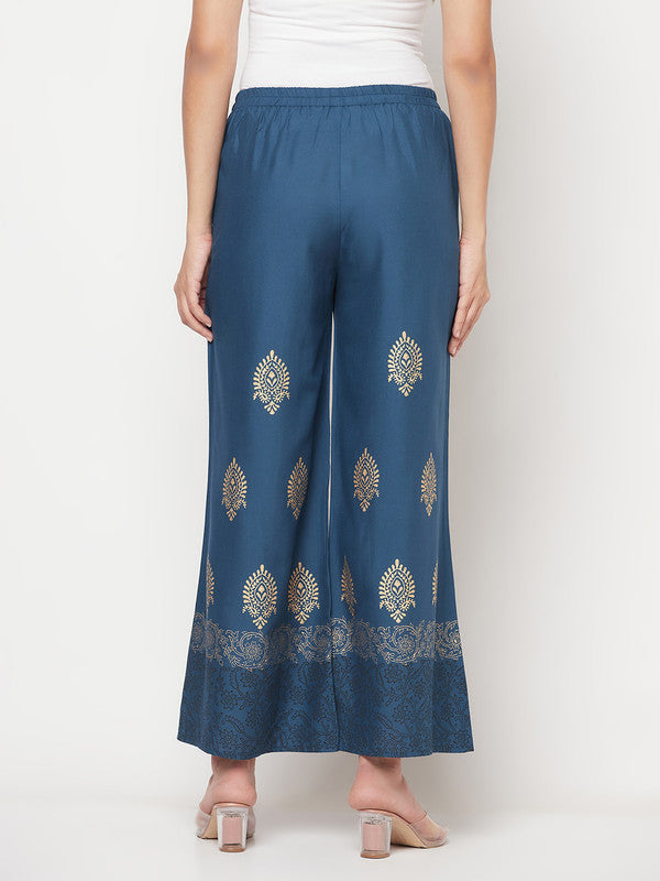 Women's Rayon Block Print Flared slip-on Palazzo,Bl