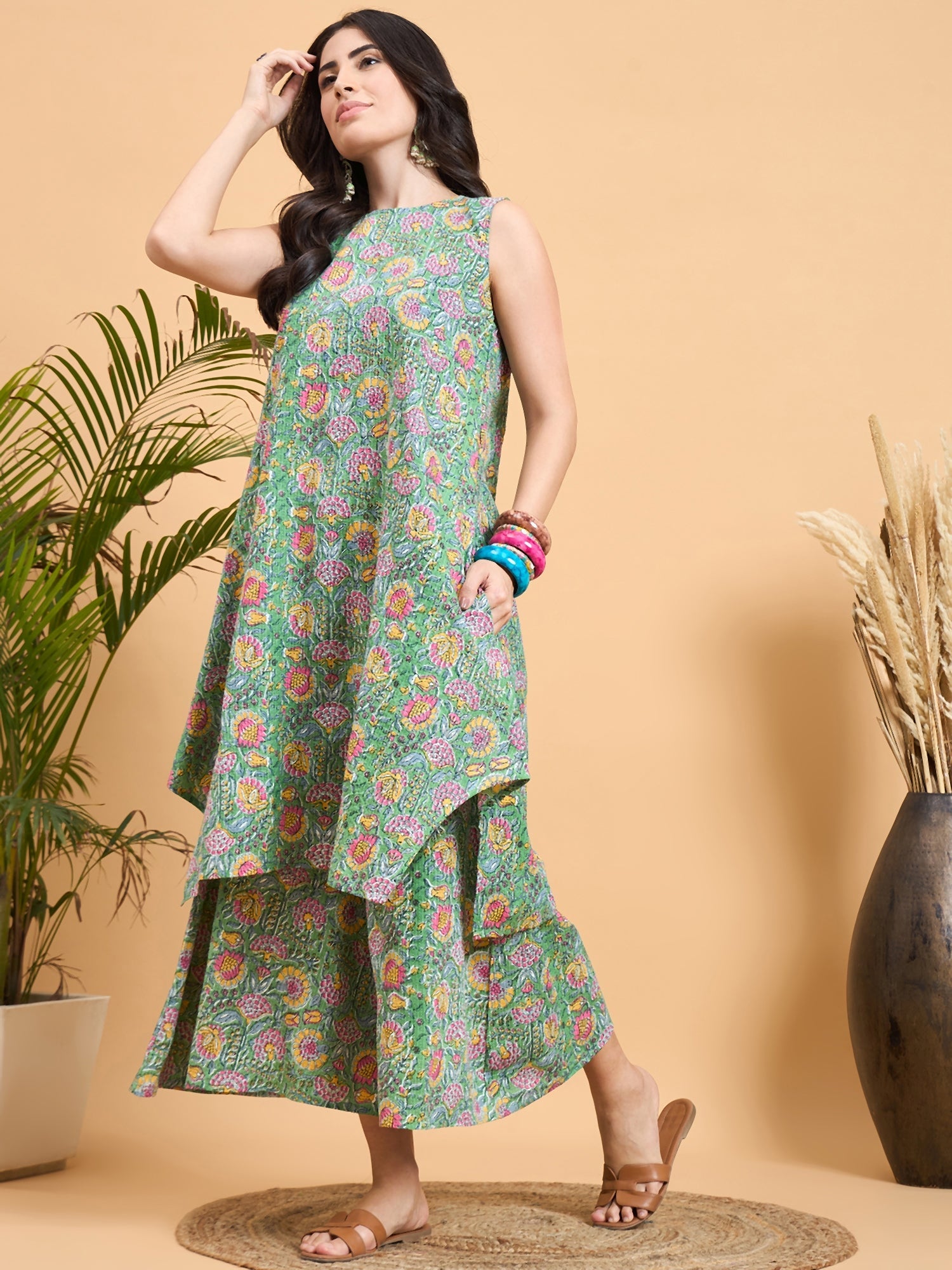 Women's Mint Green Kantha Floral Jaal Short Palazzo Set