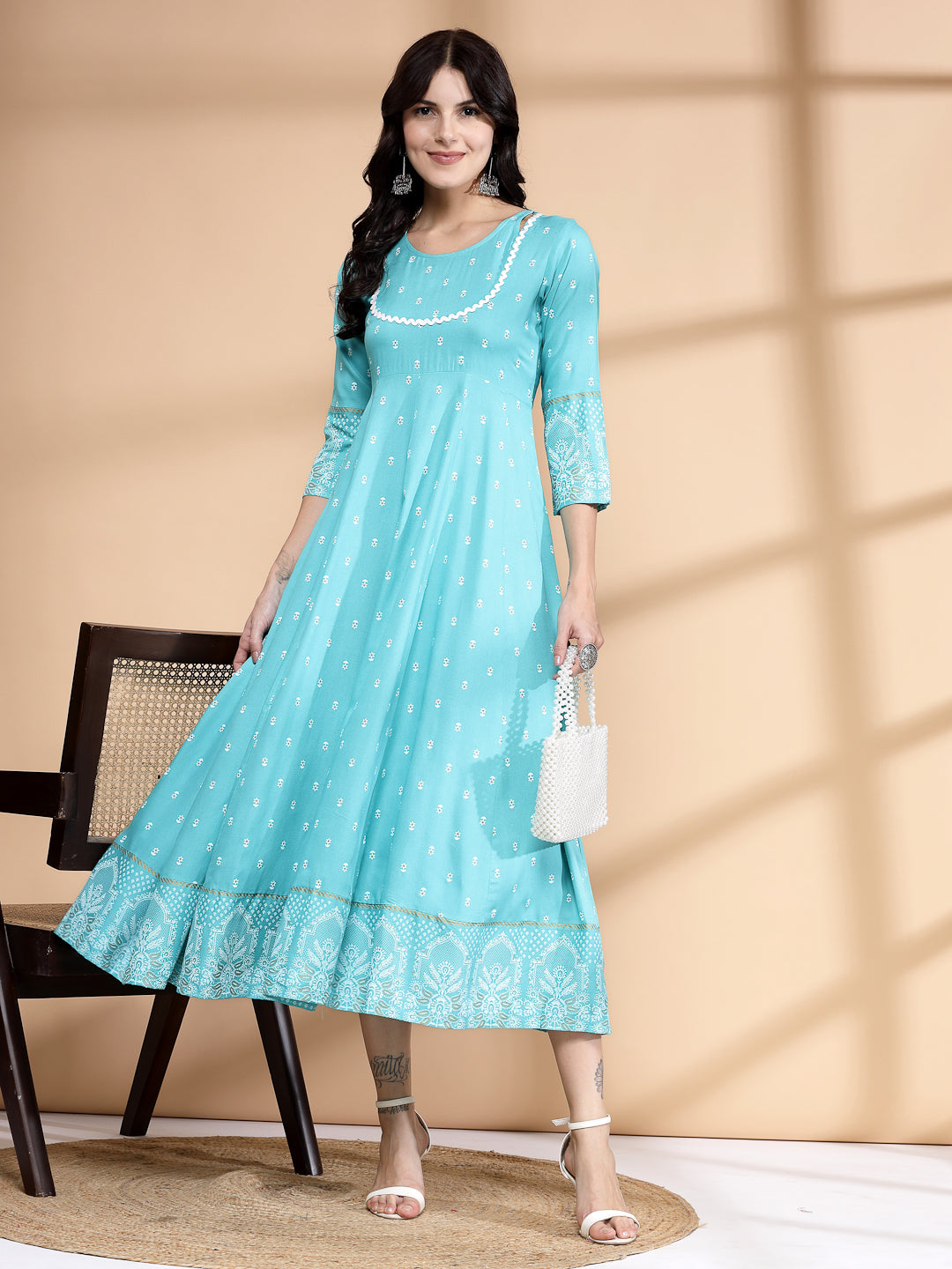 Women's Rayon Pigment Print Sky BLUE Anarkali Full Maxi Dress BLUE / M