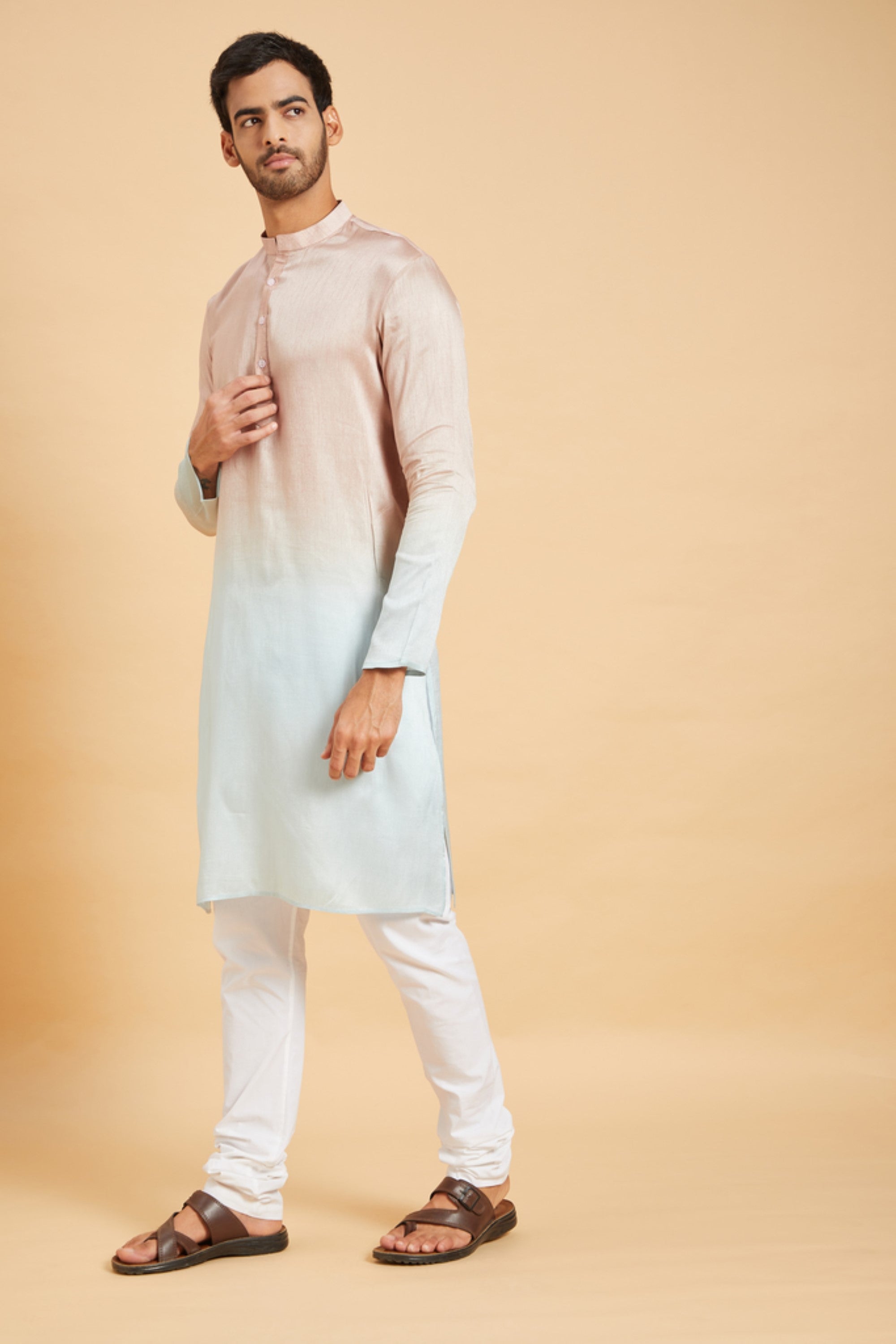 Men's Pink Color Glidden Ombre Kurta Without Slit Silk