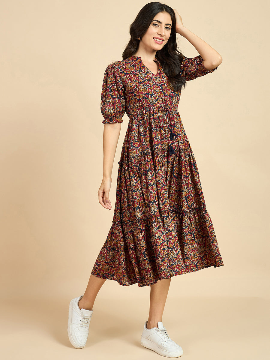 Cotton Printed Flared Calf Length Dress