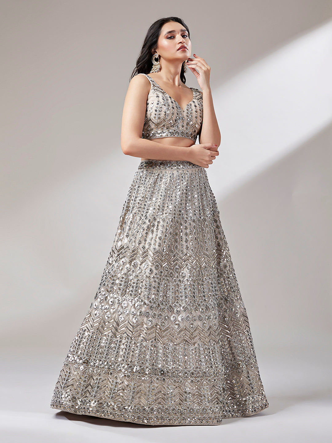 Women's Beige - Net Mirror & Sequins Embroiderey Ready To Wear Lehenga Choli