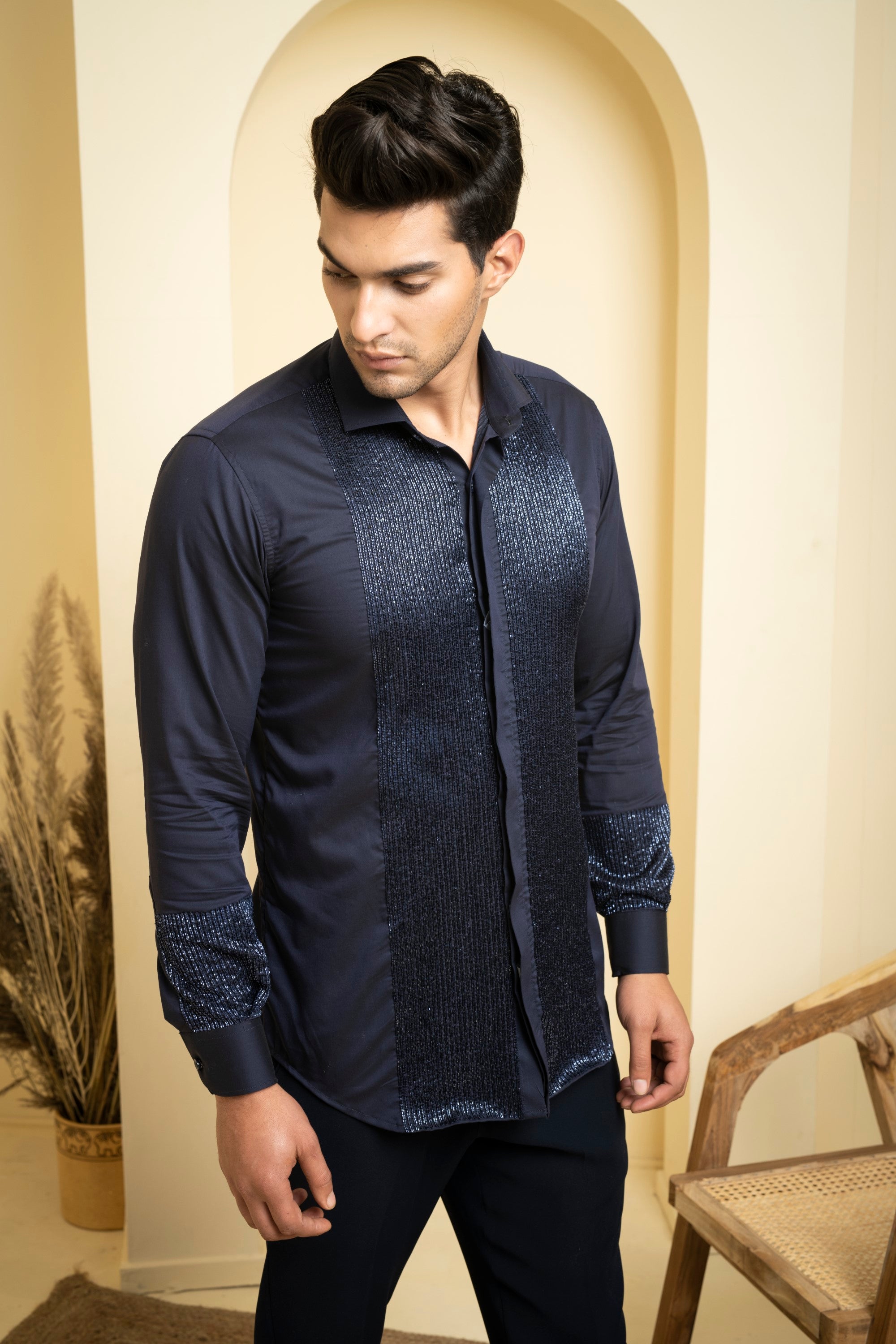 Men's Navy Blue Color Metallic Full Sleeves Shirt